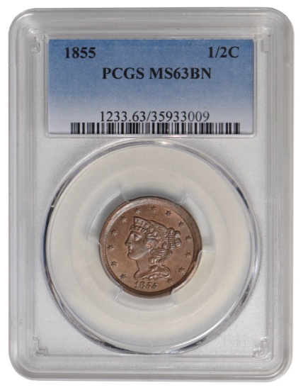 1855 Braided Hair Half Cent PCGS MS63BN