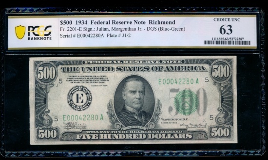 1934 $500 Richmond FRN PCGS 63