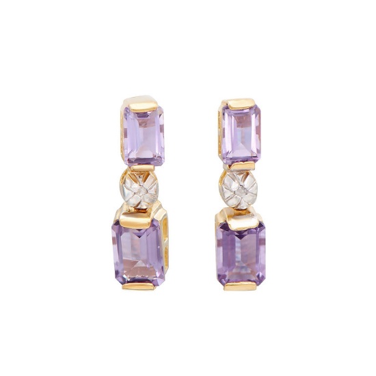 Plated 18KT Yellow Gold 3.02cts Amethyst and Diamond Earrings