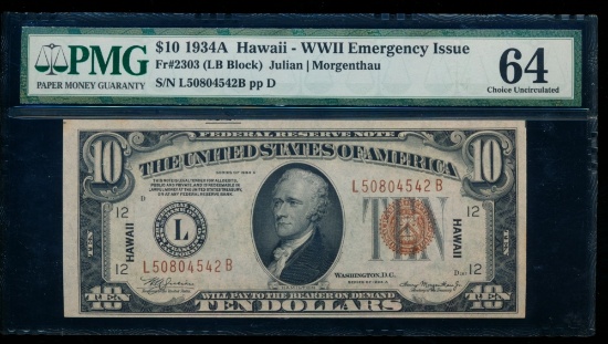 1934A $10 Hawaii FRN PMG 64