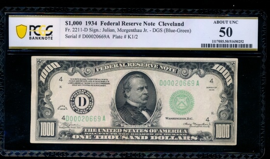 1934 $1000 Cleveland FRN PCGS 50