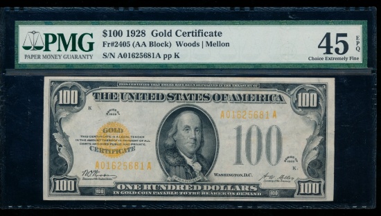 1928 $100 Gold Certificate PMG 45EPQ