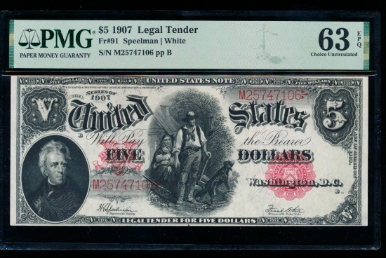 1907 $5 Legal Tender Note PMG 63EPQ