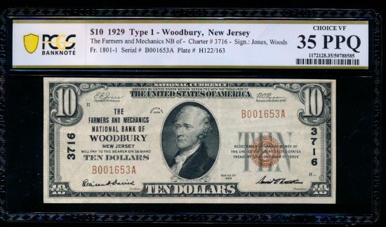 1929 $10 Woodbury NJ National PCGS 35PPQ
