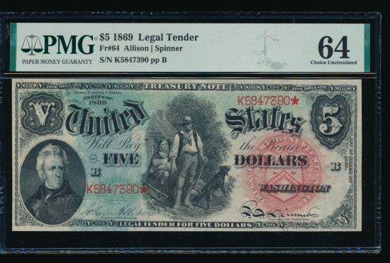 1869 $5 Legal Tender Note PMG 64