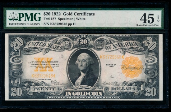 1922 $20 Gold Certificate PMG 45EPQ