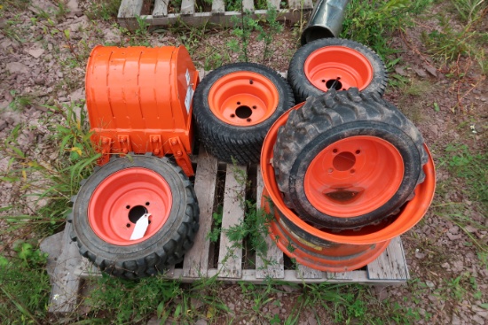 Kubota Backhoe Bucket & Misc Kubota Tire/Rim Combos & 1 Misc. Rim