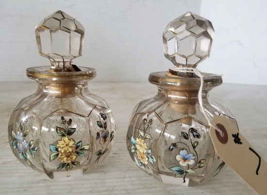 Two (2) Hand Painted Perfume Bottles with Stoppers