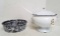 White Graniteware Soup Pot and Agate Strainer