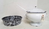 White Graniteware Soup Pot and Agate Strainer