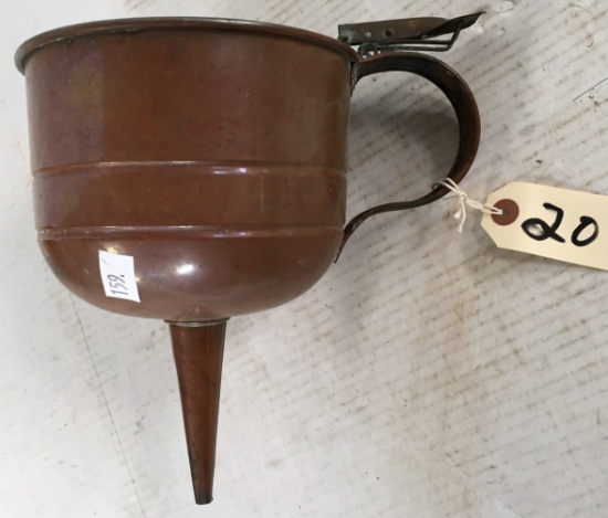 ANTIQUE TIN LINED COPPER FUNNEL W/SIEVE & TRIGGER STOPPER.