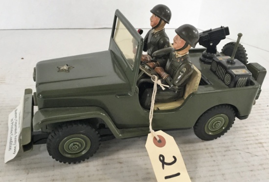 1950'S NOMURA TIN. BATTERY OPERATED ARMY JEEP W/DRIVER AND PASSENGER