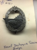 WWII GERMAN NAZI NAVAL DESTROYER BADGE