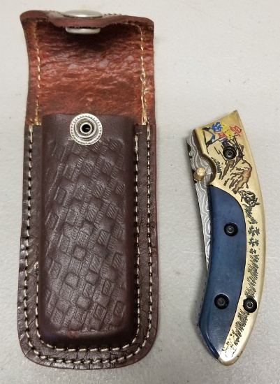 Custom Damascus Steel Folding Knife in Case