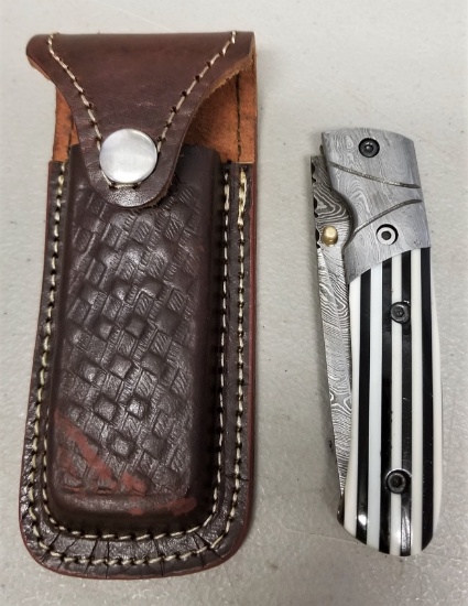 Custom Damascus Steel Folding Knife in Case