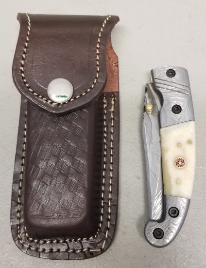Custom Damascus Steel Folding Knife in Case