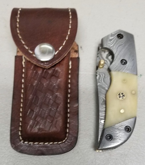 Custom Damascus Steel Folding Knife in Case