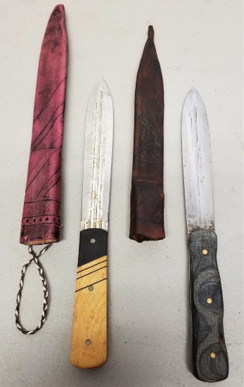 Pair of Fixed Blade Knives in Leather Sheaths