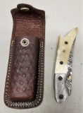 Custom Damascus Steel Folding Knife in Case