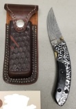 Custom Damascus Steel Folding Knife in Case