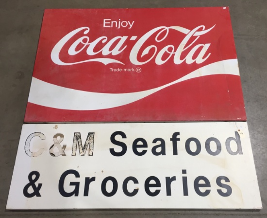 Metal "Coca-Cola" Sign &  Metal "Seafood" Sign