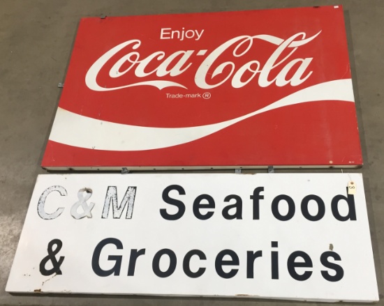 Metal "Coca-Cola" Sign &  Metal "Seafood" Sign