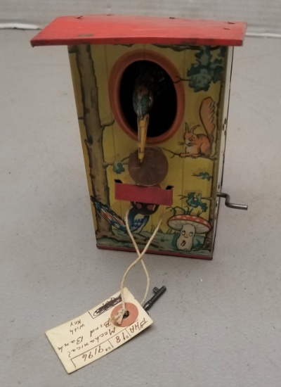 Early Tin Mechanical Coin Bank with Key