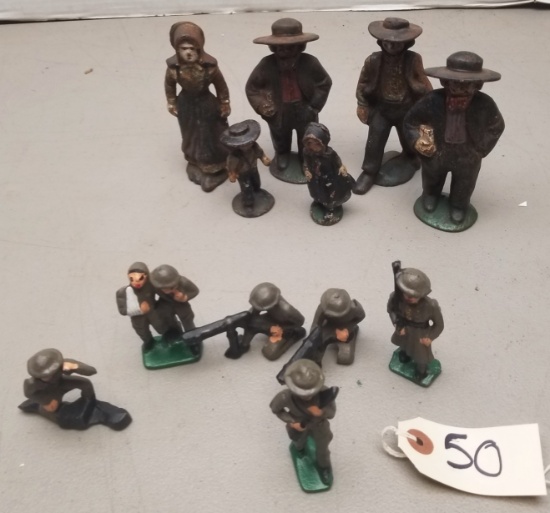Vintage Cast Iron Amish & Army Figurines