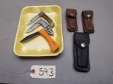 (3) Assorted Folding Knives & Leather Sheaths