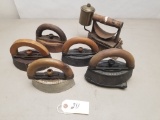 (6) Vintage Wooden Handled Sad Irons