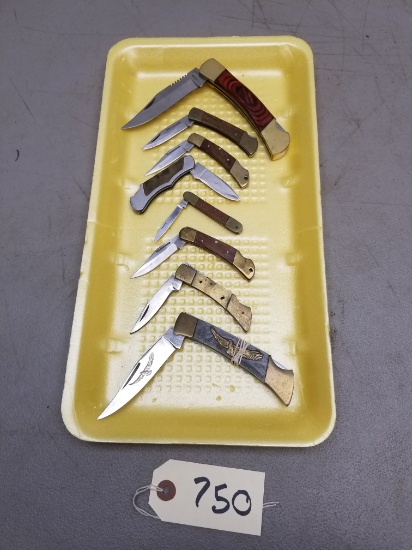 (8) Assorted Wood Handle Folding Knives