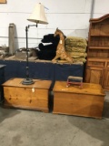2 Early Wooden Trunks, Step Stool, & Lamp