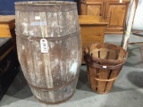 Early Wooden Barrel & 2 Bushel Baskets