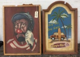 1 Signed Clown Painting & 1 Surfs Up Picture