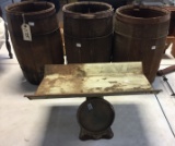 Early Baby Scales & 3 Wooden Barrels
