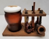 Antique Tobacco Pipes on Rack with Tobacco Jar