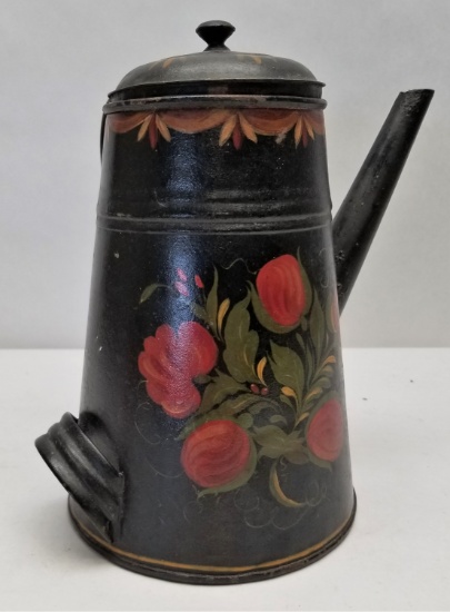 Early Handpainted Toleware Tin Pitcher