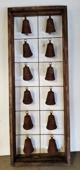 (12) Primitive Tin/Wooden Handmade Bell Display