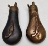 (2) Early Embossed Matching Brass Powder Flasks