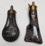 (2) Early Embossed Brass Powder Flasks
