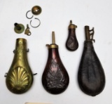 (4) Early Brass Embossed and Leather Powder Flasks