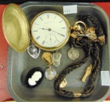 Pocket watch, charms, pin