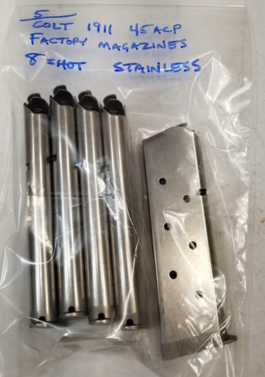 (5) Colt Factory 1911 45 Acp 8rd Stainless Mags