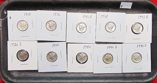 (10) Mercury Dimes 1925, 26-S, 36, 41, 41-S, 42,