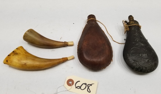 (4) Assorted Vintage Powder Horns And Flasks