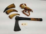 (4) Assorted Powder Horns & Hand Forged Hatchet