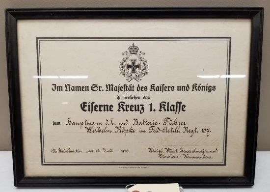 Rare German WW1 Iron Cross Award Certificate
