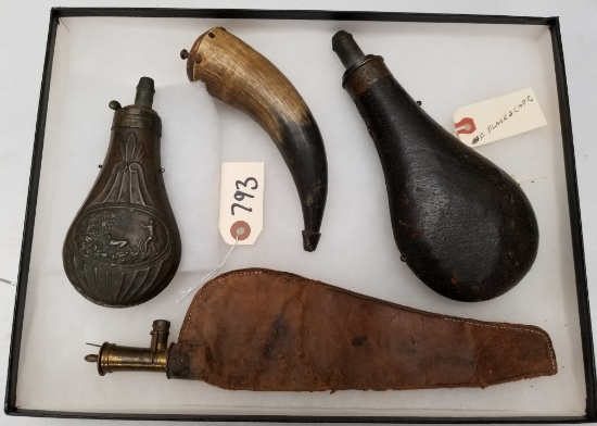 Assorted Antique Powder Flasks & Horn