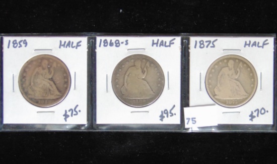 3 Seated Half Dollars 1859, 1868-S, 1875 VG, G, VG