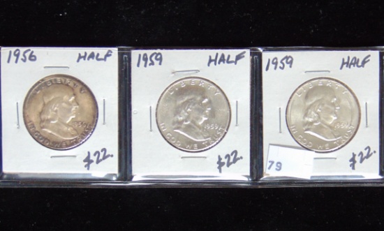 1956, 1959, 1959 Franklin Half Dollars UNC., UNC.,